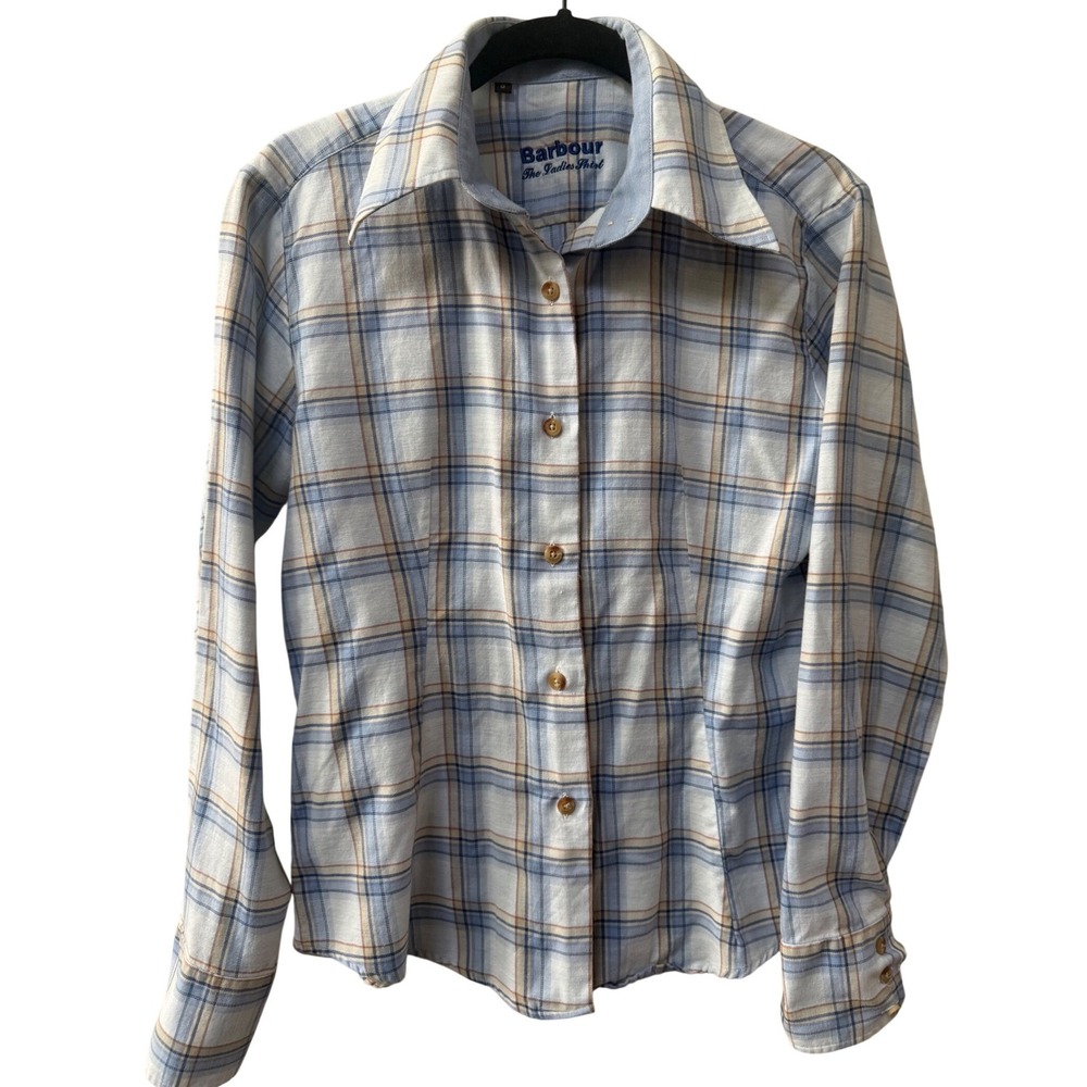 Barbour‎ Womens Plaid Button Down Shirt Blue Cotton Size 8 Preppy Old Money EUC